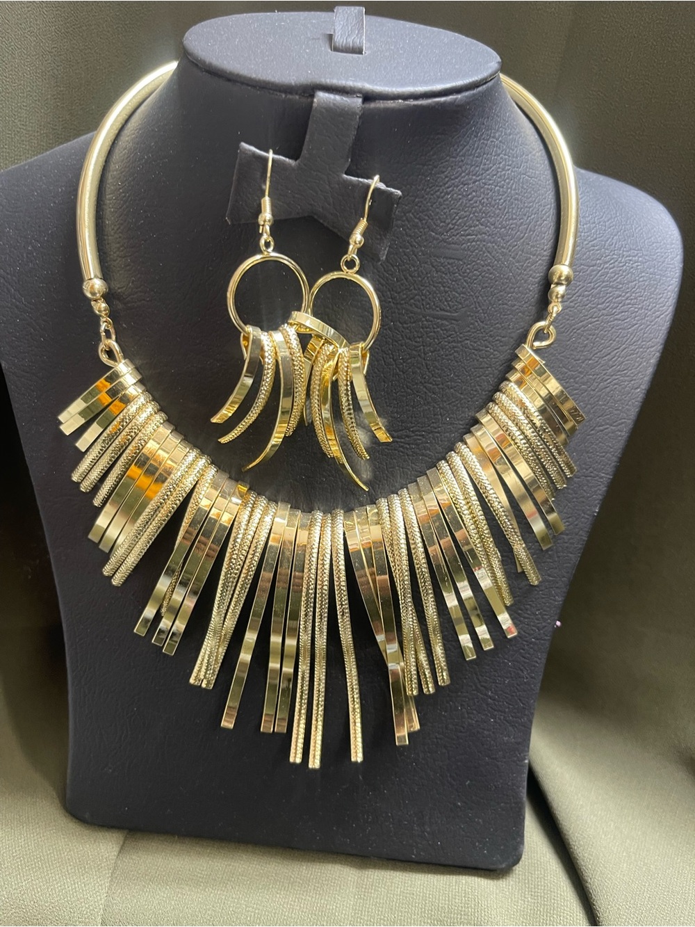 Gold Fringe Statement Necklace and Hoop Earrings Set